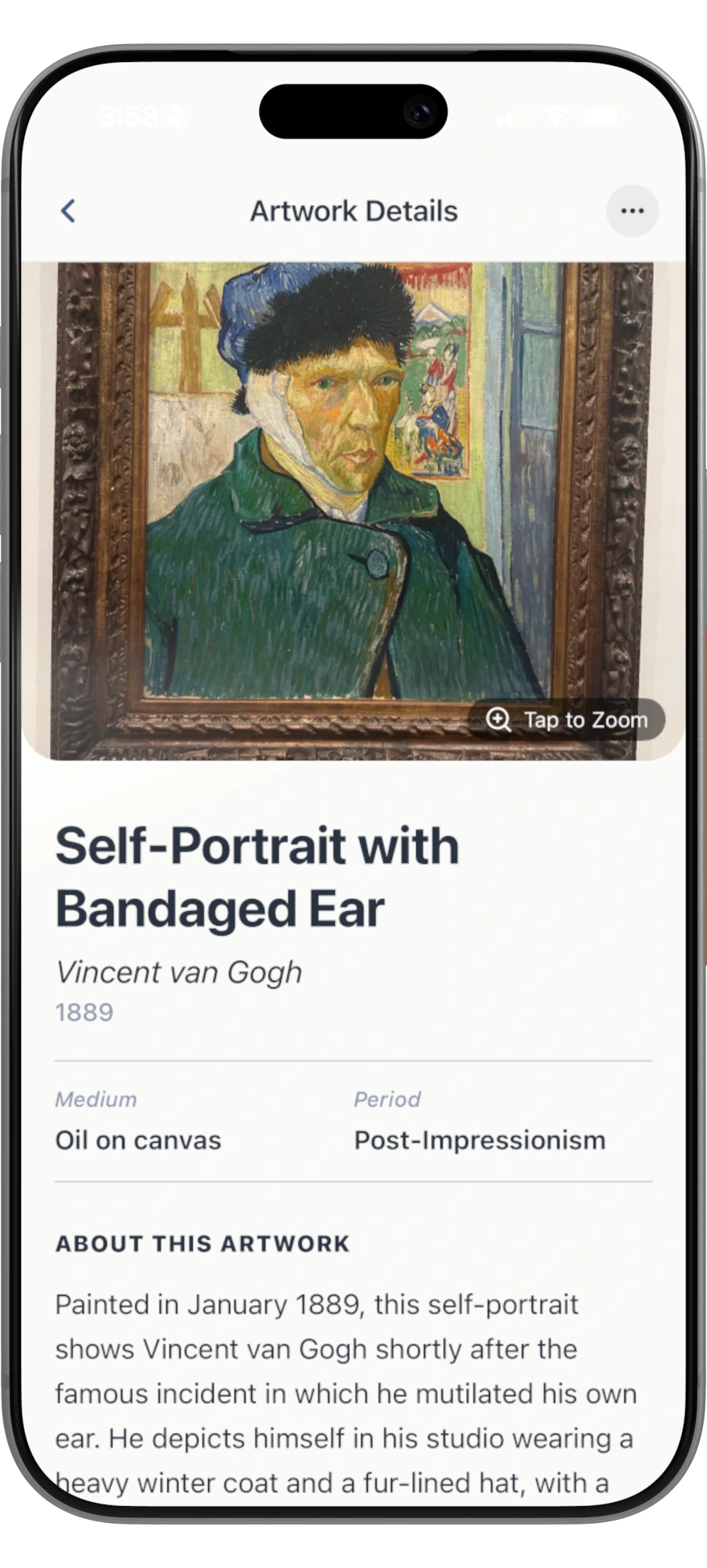 ArtScan displaying the artist and details of a saved Van Gogh artwork