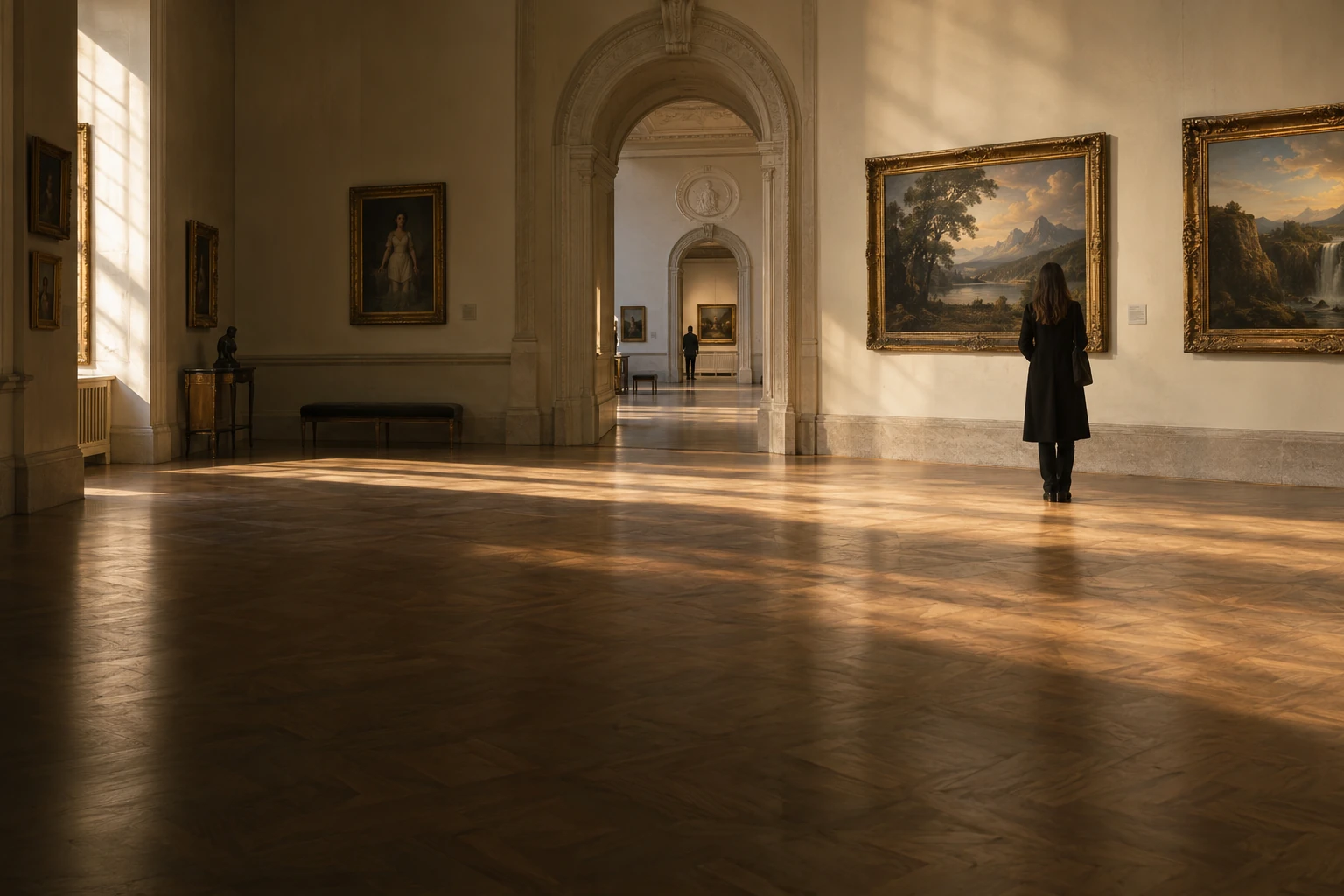 A visitor pausing in a sunlit museum gallery