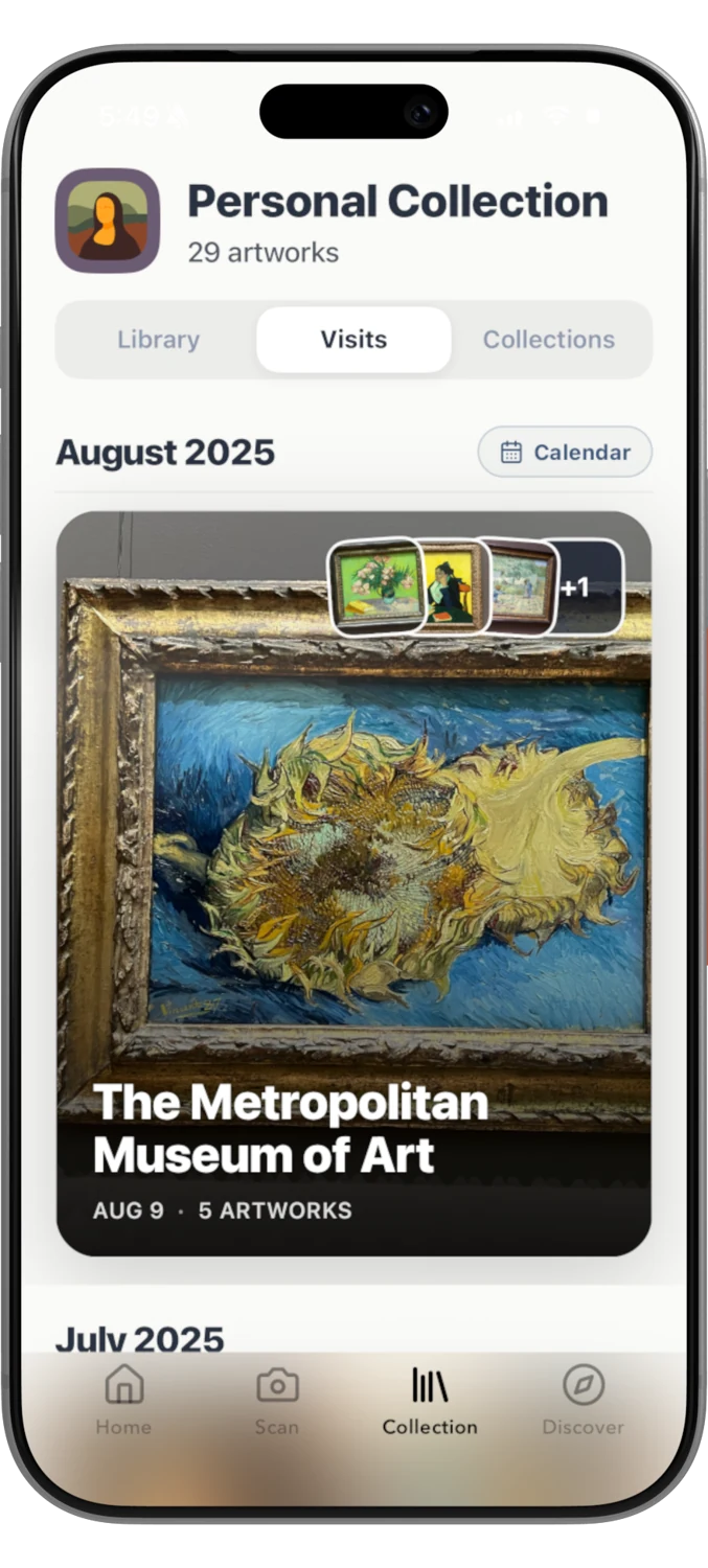 ArtScan organizing saved artworks into museum visits, including a visit to The Metropolitan Museum of Art